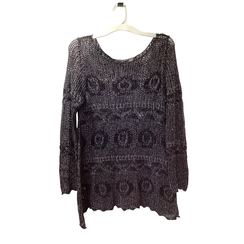 Jeanne Pierre Shimmer Crochet Open Knit Semi Sheer Goth Sweater Black‎ Large